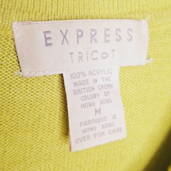 Vintage 90s Express Tricot Collar Cardigan Sweater Boxy Chartreuse Medium Grunge - Picture 3 of 10